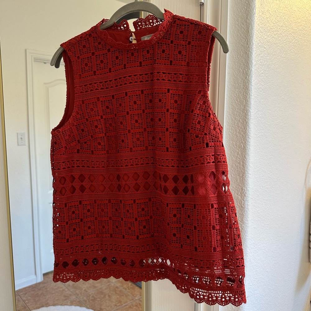 Daniel Rainn Red Sleeveless Blouse with Mandarin Collar